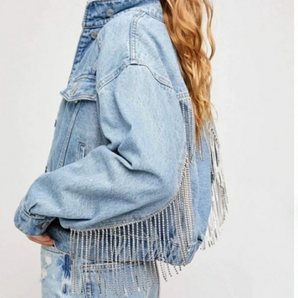 Free People Rhinestone Denim Bomber Jacket - Picture 6 of 15